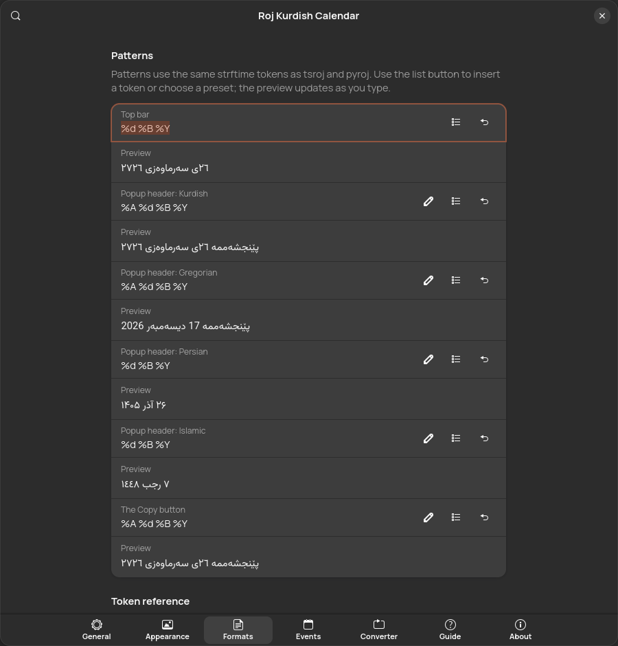 Formats settings with live previews