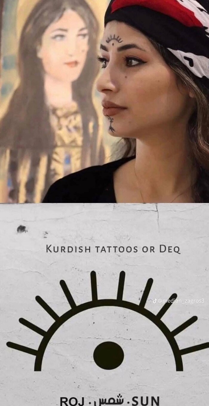 A woman wearing the Roj deq between the eyebrows, and the Roj symbol drawn large: Roj, shams, sun