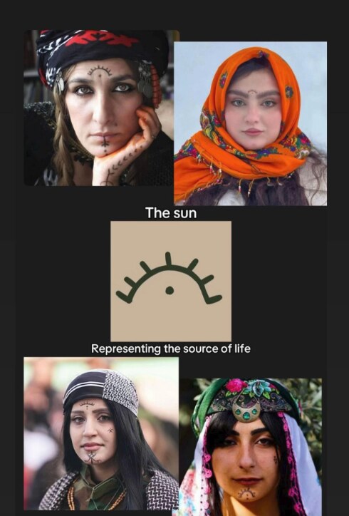 Four women wearing the Roj deq on the forehead, around the symbol: the sun, representing the source of life