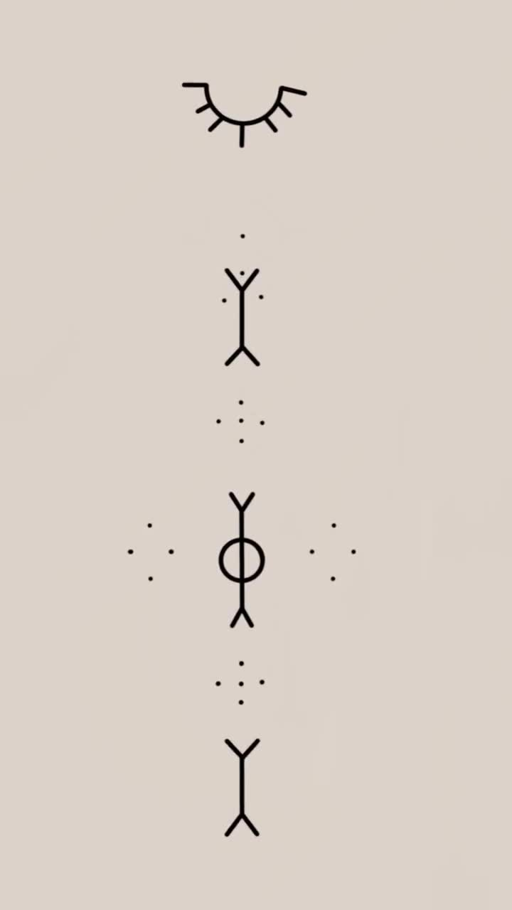a drawn line of deq signs with the tree-of-life figure in the middle